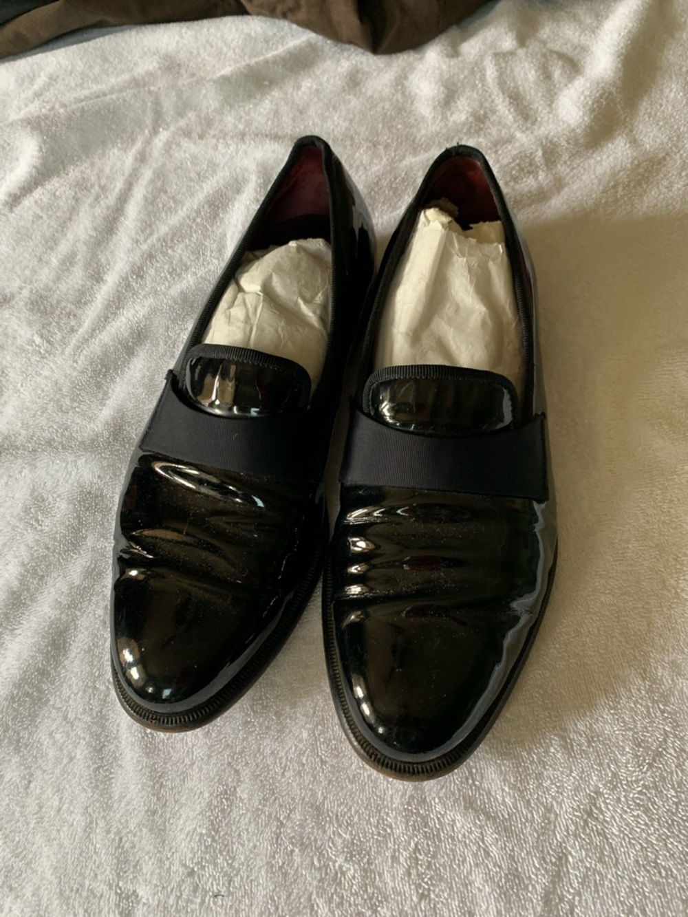 Salvatore Ferragamo Black Patent Tuxedo Leather Slip-On Loafers